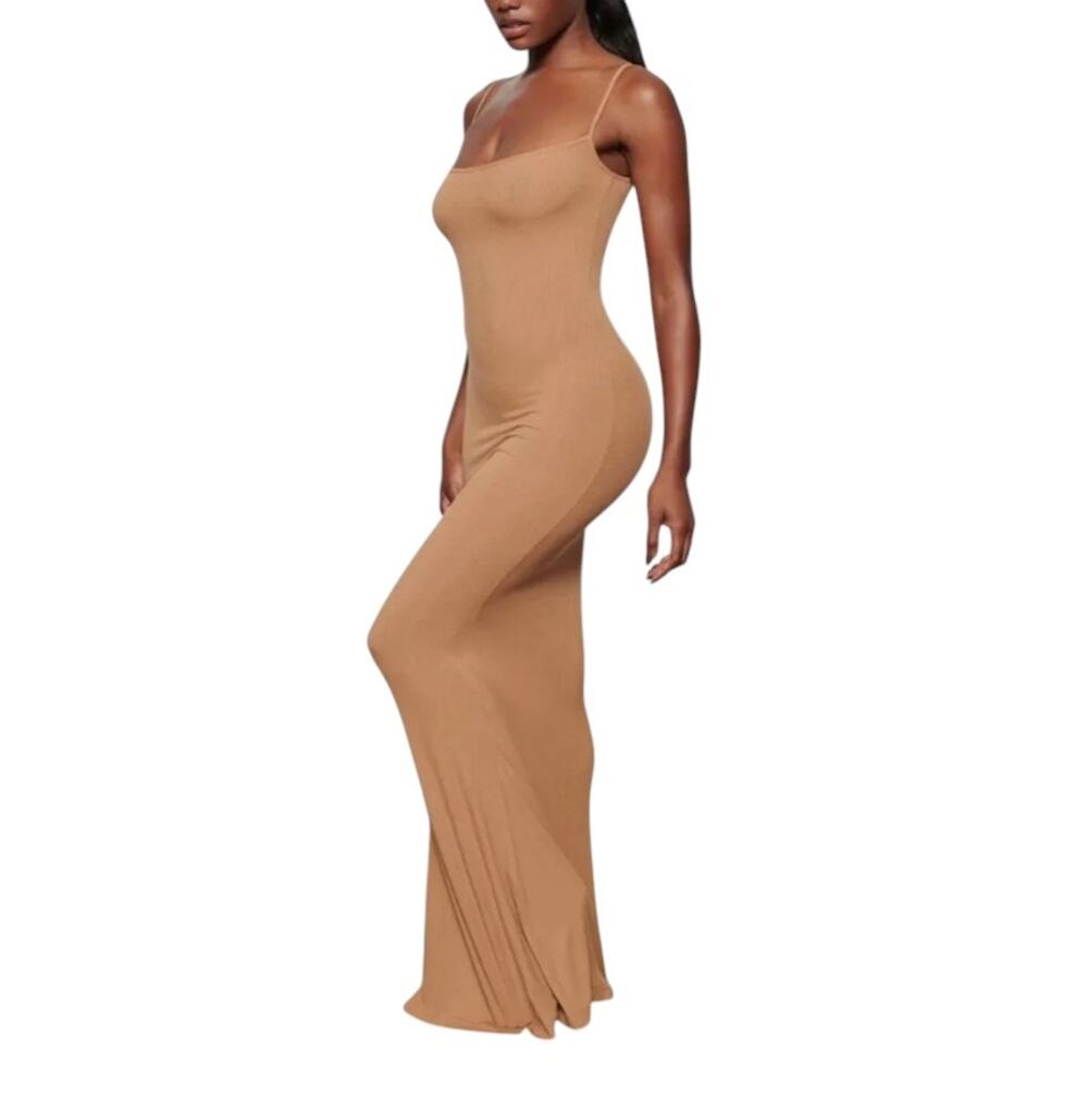 SKIMS Lounge Tan Ribbed Sleeveless Long Slip Maxi Dress